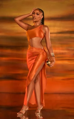 Orange Stretch Satin Cut Out Maxi Dress