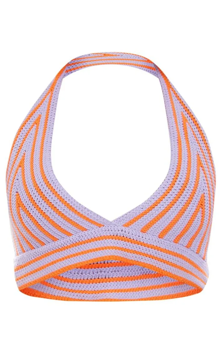 Orange Stripe Crochet Knit Plunge Bralet