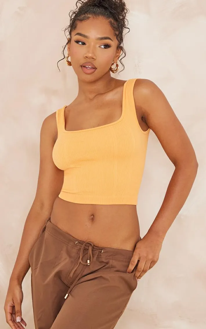 Orange Structured Snatched Rib Square Neck Top