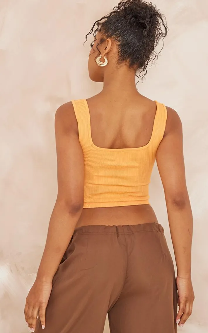 Orange Structured Snatched Rib Square Neck Top