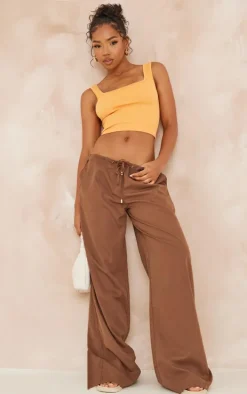 Orange Structured Snatched Rib Square Neck Top