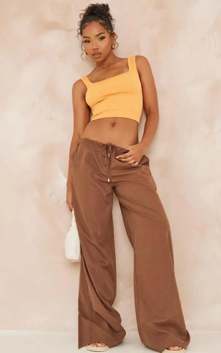 Orange Structured Snatched Rib Square Neck Top