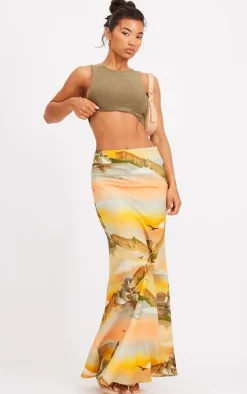 Orange Sunset Printed Linen Look Maxi Skirt