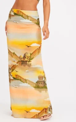 Orange Sunset Printed Linen Look Maxi Skirt
