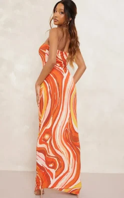 Orange Swirl Print Slinky Bandeau Maxi Dress