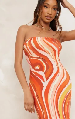 Orange Swirl Print Slinky Bandeau Maxi Dress