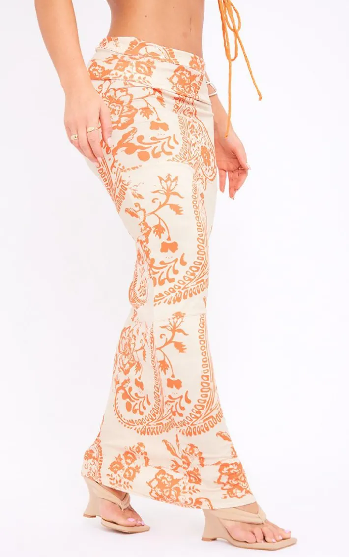 Orange Swirl Print Soft Touch Jersey Seam Detail Maxi Skirt