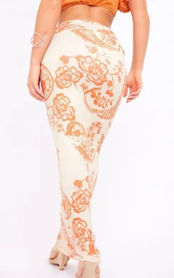 Orange Swirl Print Soft Touch Jersey Seam Detail Maxi Skirt