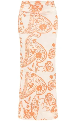 Orange Swirl Print Soft Touch Jersey Seam Detail Maxi Skirt