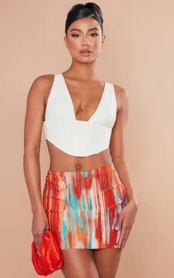 Orange Teal Printed Plisse Micro Mini Skirt