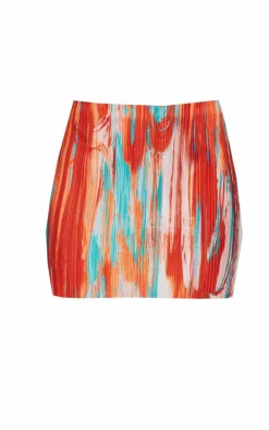 Orange Teal Printed Plisse Micro Mini Skirt