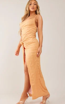 Orange Textured Cowl Knot Detail Maxi Dress