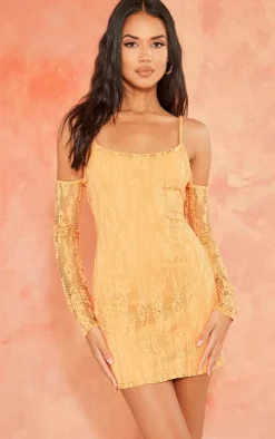 Orange Textured Cut Out Long Sleeve Bodycon Dress