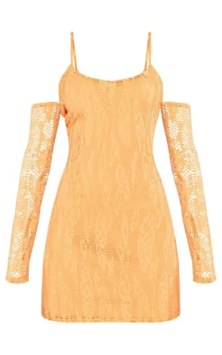 Orange Textured Cut Out Long Sleeve Bodycon Dress