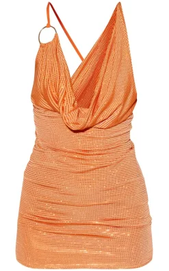 Orange Textured Glitter Ring Detail Cowl Neck Bodycon Dress