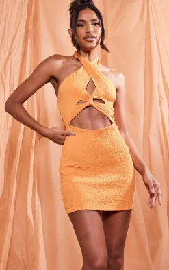 Orange Textured Halter Twist Detail Bodycon Dress