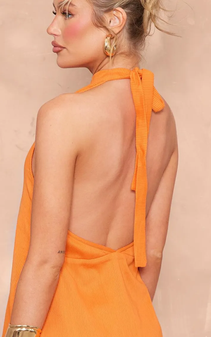 Orange Textured Halterneck Shift Dress
