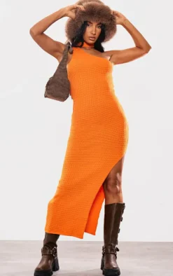 Orange Textured Knitted Collar Detail Maxi Dress