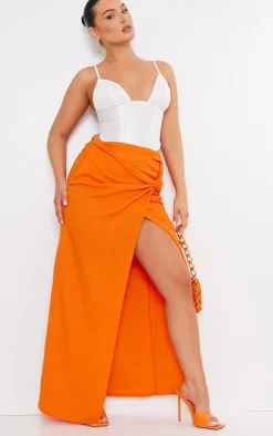 Orange Textured Knot Detail Maxi Skirt