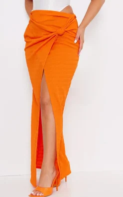 Orange Textured Knot Detail Maxi Skirt