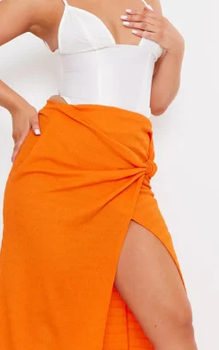 Orange Textured Knot Detail Maxi Skirt