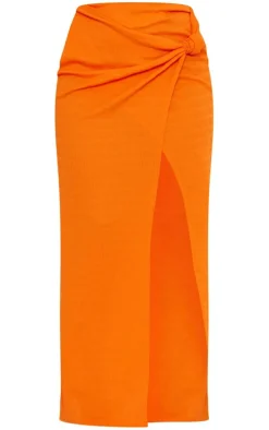 Orange Textured Knot Detail Maxi Skirt