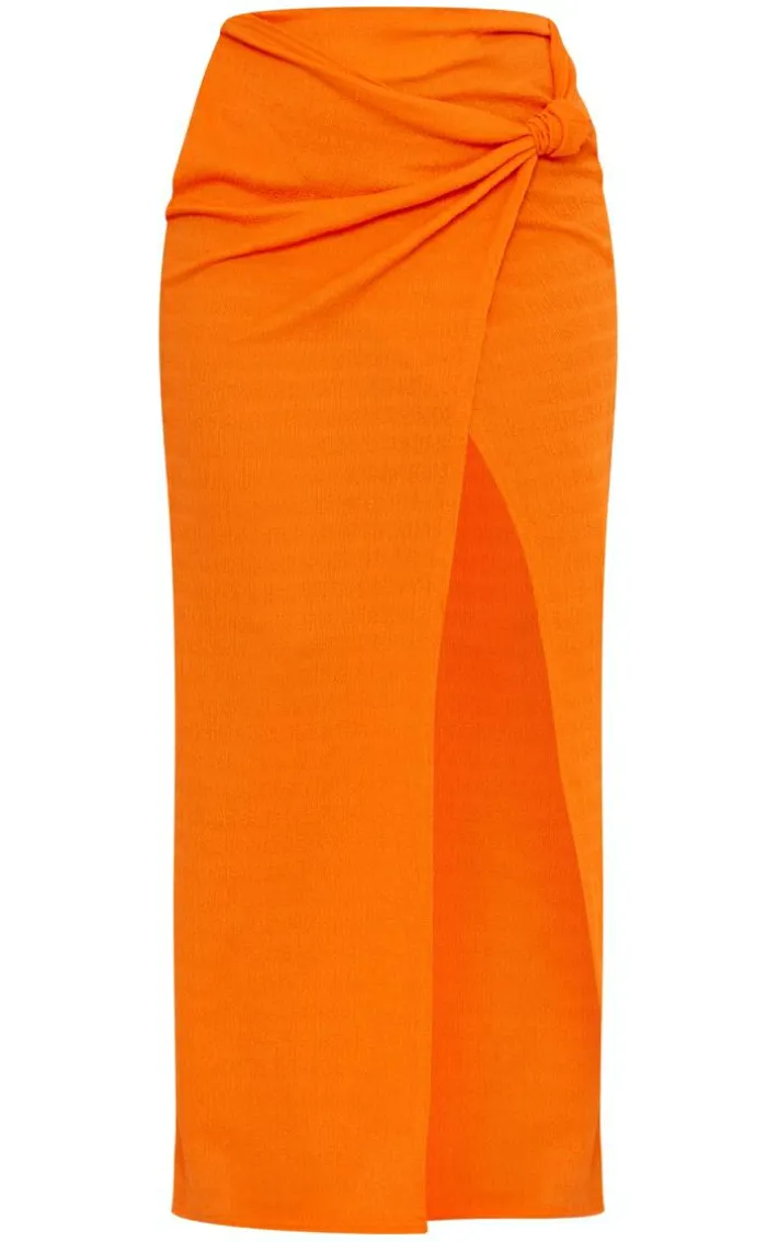 Orange Textured Knot Detail Maxi Skirt