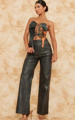 Orange Textured Lace Up Suspender Detail Corset Top