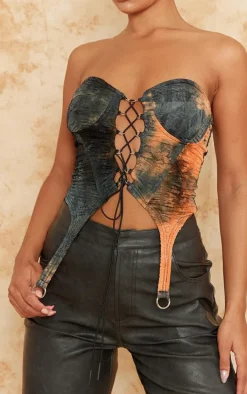 Orange Textured Lace Up Suspender Detail Corset Top