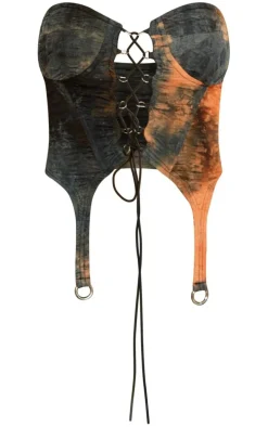 Orange Textured Lace Up Suspender Detail Corset Top