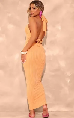 Orange Textured Rib Halterneck Tie Back Maxi Dress
