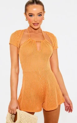 Orange Textured Rib Short Sleeve Halter Strap Romper
