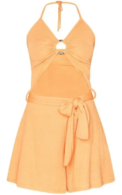 Orange Textured Ring Detail Halter Tie Waist Romper