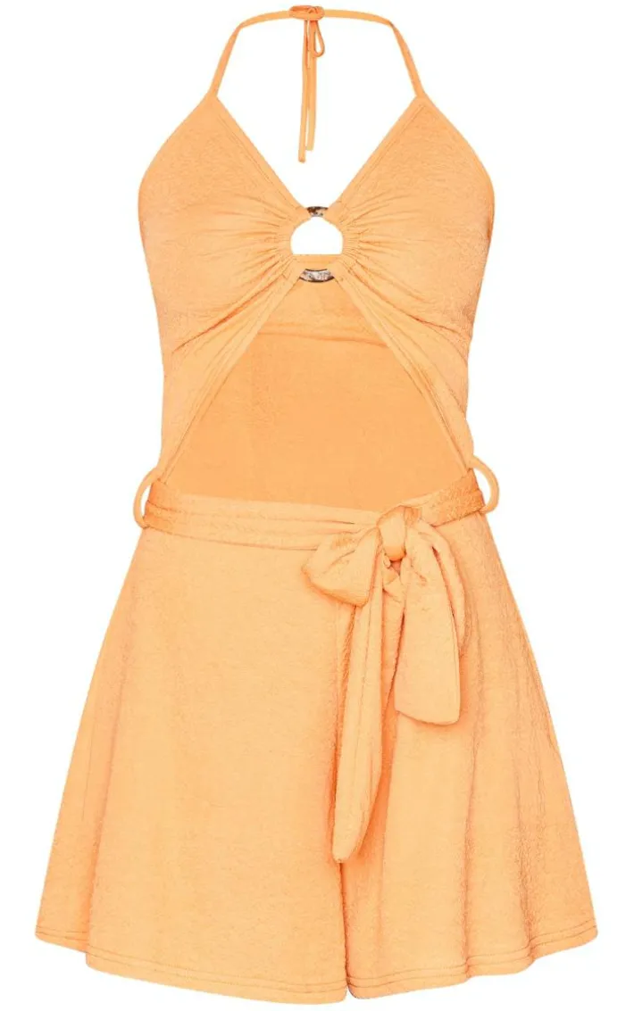 Orange Textured Ring Detail Halter Tie Waist Romper