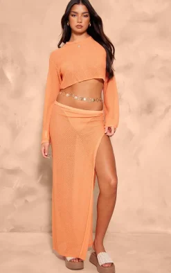 Orange Textured Sheer Knit Floaty Long Sleeve Crop Top