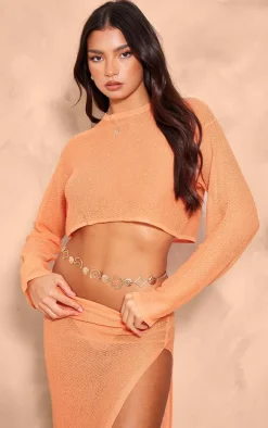 Orange Textured Sheer Knit Floaty Long Sleeve Crop Top