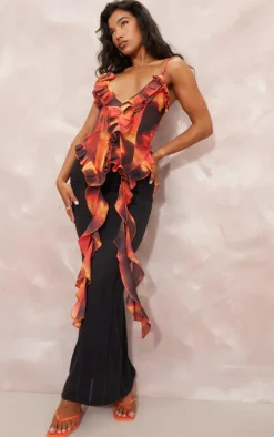 Orange Tie Dye Print Chiffon Floral Applicate Frill Long Top