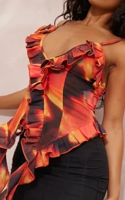 Orange Tie Dye Print Chiffon Floral Applicate Frill Long Top