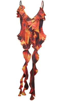 Orange Tie Dye Print Chiffon Floral Applicate Frill Long Top