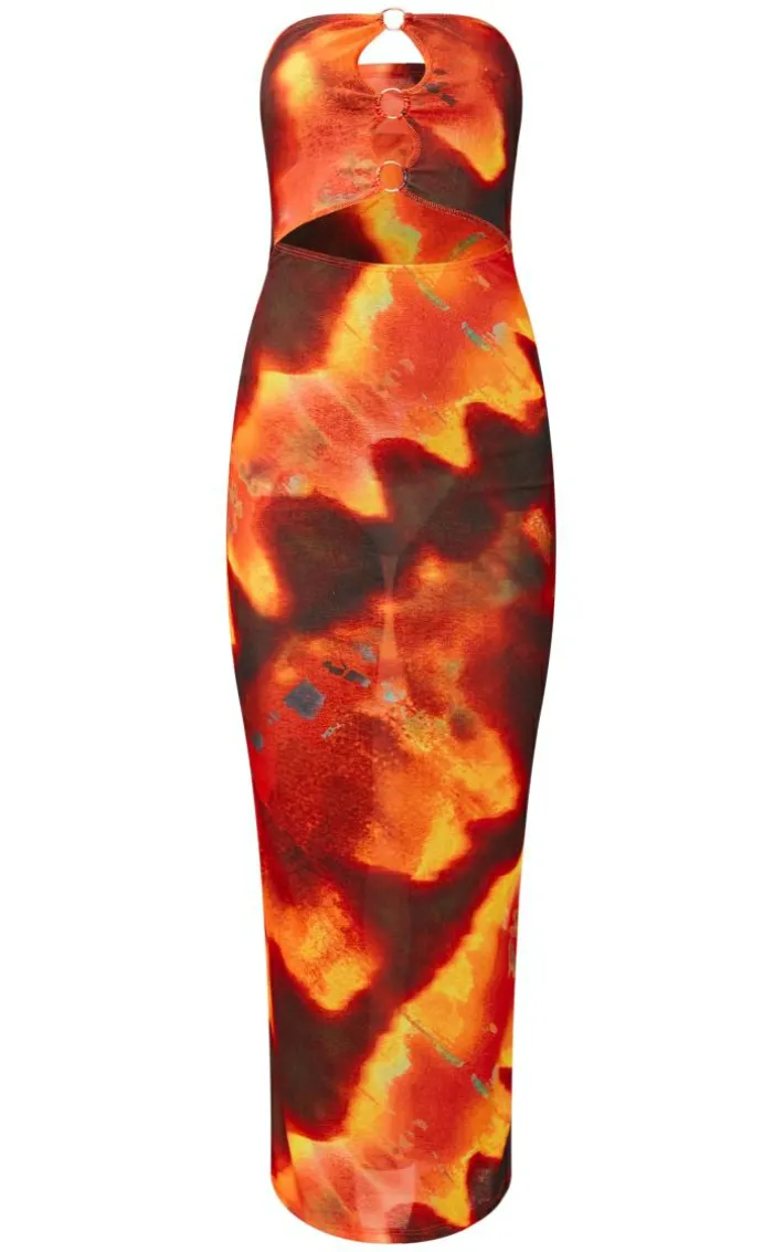 Orange Tie Dye Print Ring Cut Out Bandeau Maxi Dress