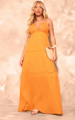 Orange Tiered Halterneck Maxi Dress