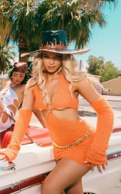 Orange Tinsel Knit Heart Trim Dress & Sleeves