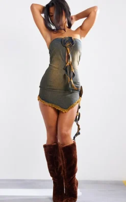 Orange Tint Vintage Wash Flower Raw Hem Denim Mini Dress