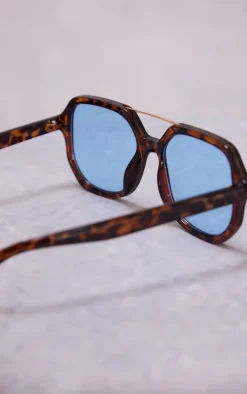 Orange Tort Blue Lens Frame Metal Bar Aviator Sunglasses