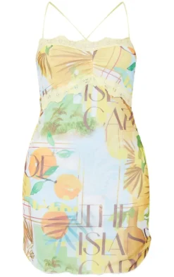 Orange Tropical Mesh Lace Trim Bodycon Dress