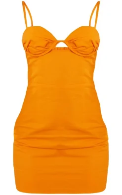 Orange Twill Ruched Cup Cut Out Bodycon Dress