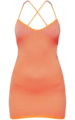Orange Two Tone Knit Lace Up Back Mini Dress