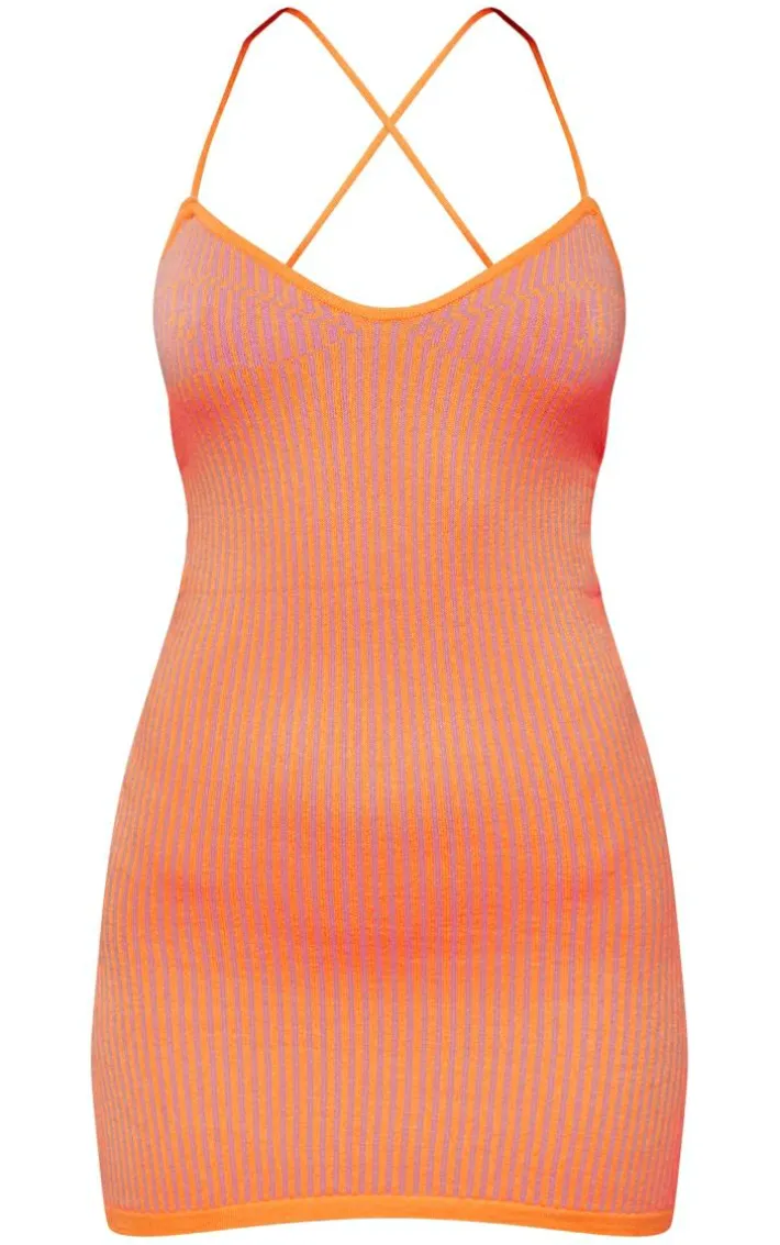 Orange Two Tone Knit Lace Up Back Mini Dress