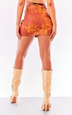 Orange Washed Faux Leather Pocket Cargo Mini Skirt