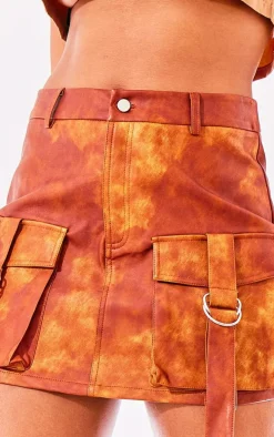 Orange Washed Faux Leather Pocket Cargo Mini Skirt